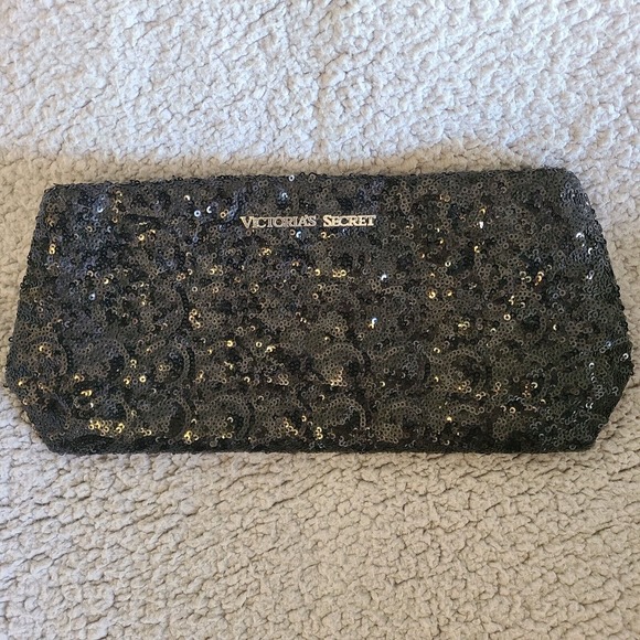 Victoria's Secret Make Up Bag Black Sequin Shiney Faux Leather‎ Snap Button - Picture 1 of 13